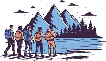 Group of hikers exploring a tranquil lake surrounded by mountains in a serene outdoor landscape vector