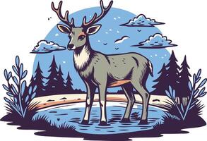 A serene deer standing by a calm lake surrounded by trees, under a cloudy sky vector