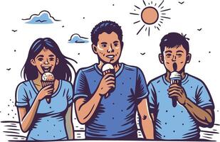Three friends enjoy ice cream at the beach on a sunny day vector