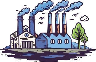 illustration of a factory with smokestacks and trees by a body of water vector