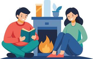 Cozy evening by the fireplace with a couple reading and relaxing together at home during winter vector