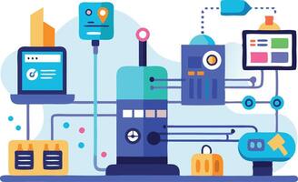 A colorful illustration of a smart manufacturing setup with computers, sensors, and machinery for automated production processes vector
