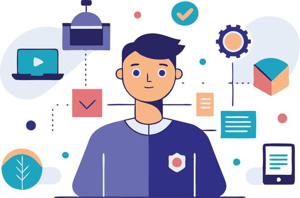 illustration of a young man surrounded by technology icons and tools representing security and digital processes