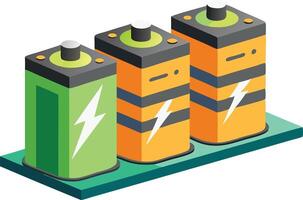 illustration of three distinct batteries in various colors and designs arranged on a green platform vector