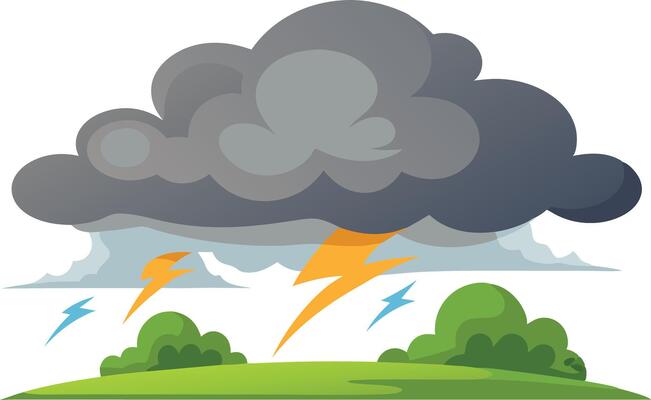 illustration of a stormy cloud with lightning over green hills during a thunderstorm