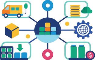illustration of logistics and distribution systems with various icons representing transportation, storage, and operations vector