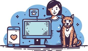 A woman stands in front of a computer and a smartphone with a dog by her side. The computer and phone display paw prints and a heart, respectively vector