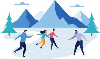 People ice skating in a winter landscape with mountains and evergreen trees vector
