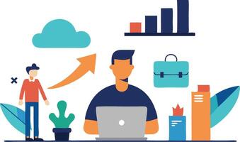 illustration of a person working at a laptop with graphs, plants, and cloud symbols representing productivity and growth vector