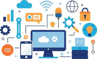 illustration of technology and digital communication elements, featuring a computer, smartphone, gears, and cloud symbols vector