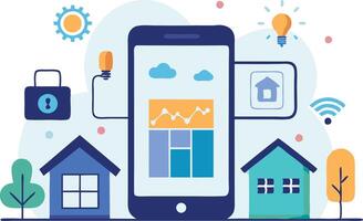 illustration of a smartphone controlling smart home devices with graphs and icons representing connectivity and security vector