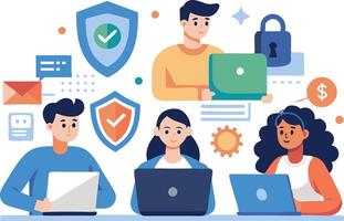 illustration of diverse individuals collaborating on cybersecurity tasks with digital devices vector