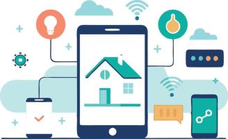 illustration of a smart home control system with connected devices and mobile app interface vector