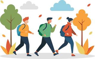 Three hikers walking along a path surrounded by autumn trees and colorful leaves vector