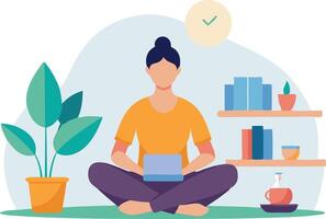 A person working on a laptop while sitting cross-legged in a cozy home office with books and plants vector