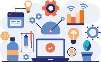 illustration of a modern workspace featuring tools for creativity and innovation, including gears, a laptop, and plants vector