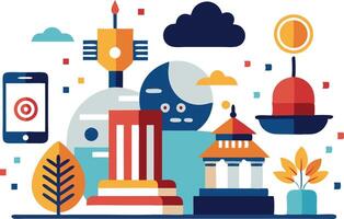 illustration of a colorful cityscape with a smartphone, clouds vector
