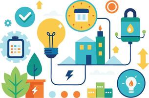 illustration of energy efficiency concepts including light bulbs, buildings, and renewable resources vector
