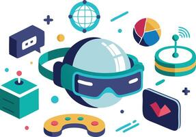 illustration of a virtual reality headset surrounded by gaming elements and tech icons vector