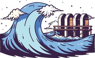 illustration of a powerful wave crashing by a coastal structure vector