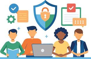 illustration of young professionals collaborating on cybersecurity solutions with a laptop and protective shield symbols vector