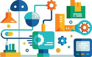 Colorful illustration of a creative workspace with gears, lamps, and digital devices showcasing innovation and productivity vector