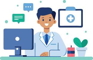 Cheerful doctor in a white coat at a desk with a computer, providing online consultation and healthcare advice vector
