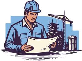 Construction worker examining blueprints at a building site with cranes in the background vector