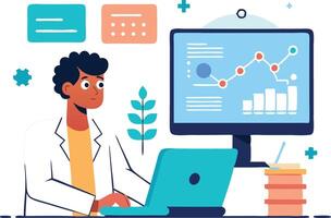 A scientist analyzing data on a computer with visual graphs vector