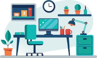 A modern home office setup with desk, computer, plants, and decorative items in a stylish arrangement vector