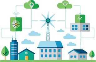 illustration of a smart city with renewable energy sources, connected buildings, and communication technology vector