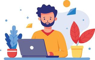 A man working on a laptop at a colorful workspace surrounded by potted plants vector