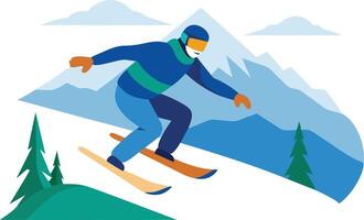 A skier gracefully descends a snowy mountain slope surrounded by pine trees vector