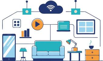illustration of a modern living room setup with connected devices and smart technology representations in a home environment vector