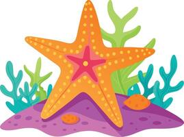 Colorful illustration of a starfish resting on vibrant coral reef vector