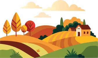 Vibrant autumn landscape with rolling hills, a charming farmhouse, and colorful trees vector