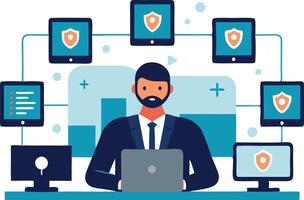 A professional man works on a laptop surrounded by multiple devices displaying security icons vector