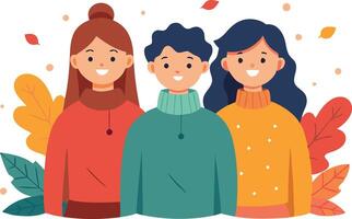 Three friends smiling together in autumn setting with colorful leaves and warm sweaters vector