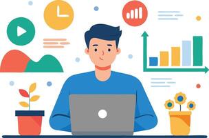 illustration of a young man working on a laptop with charts, graphs, and plants vector