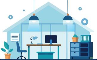 Cozy home office interior design featuring a desk, computer, and decorative elements vector