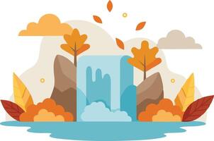 Colorful autumn landscape with a waterfall surrounded by trees, rocks, and clouds vector