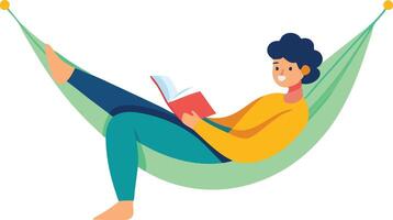 A young person reading a book while relaxing in a green hammock vector
