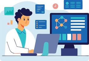 A scientist working on a computer in a laboratory, analyzing data and doing research on a scientific project vector