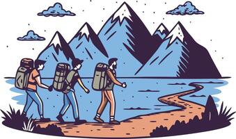 Hikers journeying along a winding path beside a serene lake surrounded by snowcapped mountains vector