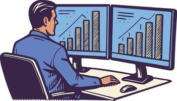 Business professional analyzing data on dual monitors vector
