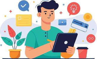 Young man working on a tablet at a desk with a coffee cup, plant, and digital icons representing ideas and communication vector