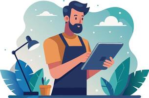 Illustration of a man in an apron using a tablet indoors surrounded by plants and a lamp vector