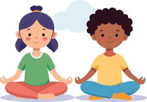 Two children meditating peacefully with soft clouds above them vector