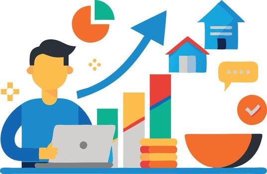 un persona analizando real inmuebles mercado tendencias con gráficos y cartas mientras utilizando un ordenador portátil vector
