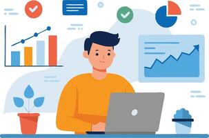 A young man works on a laptop surrounded by graphs and charts, illustrating data analysis and productivity vector